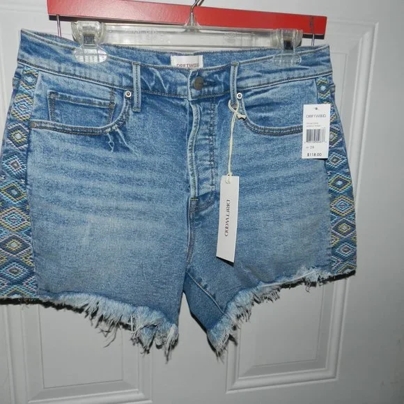 Driftwood Lulu Goldie Frayed Jean Shorts blue Aztec medium wash NWT/NEW